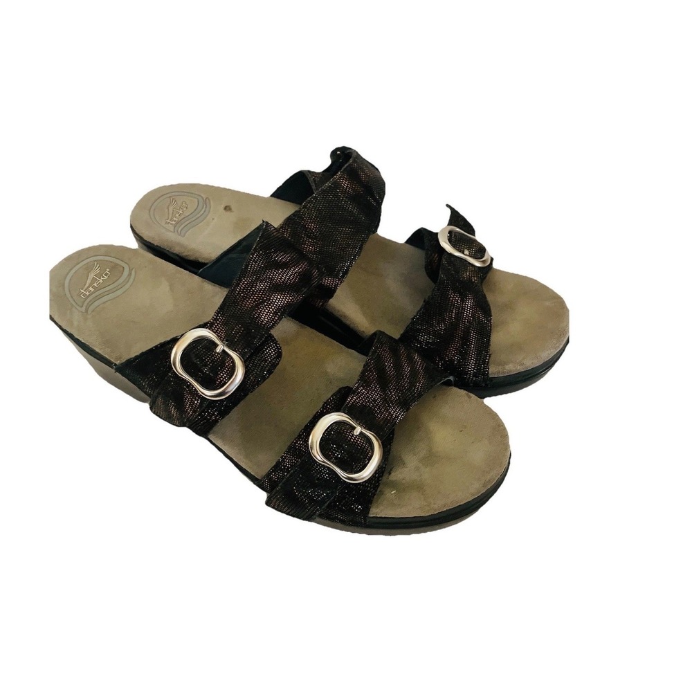 Dansko Sandals Women Sz 12 / 42 Shoes Black Gold Leather‎ Wedge Platform Slide